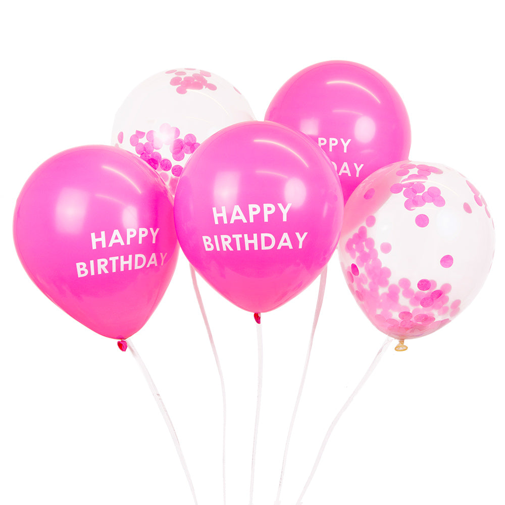 5 Pink Happy Birthday & Confetti Balloons | With Paper String | 30cm Latex