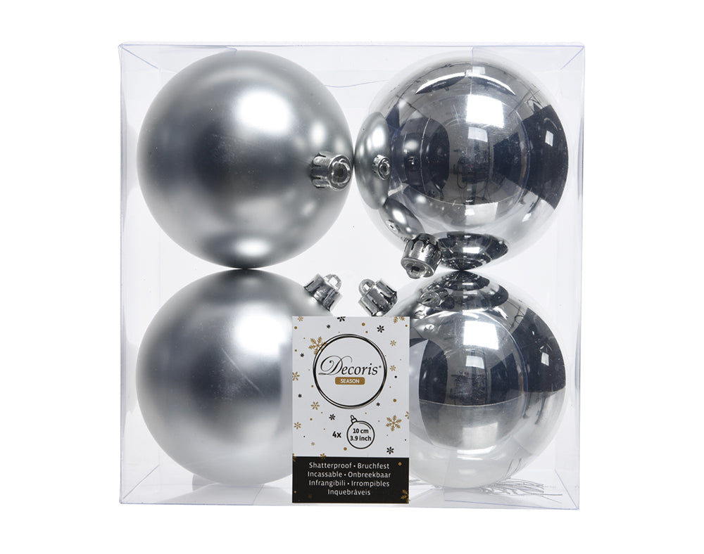 4 Silver 10cm Shatterproof Christmas Tree Bauble Decorations