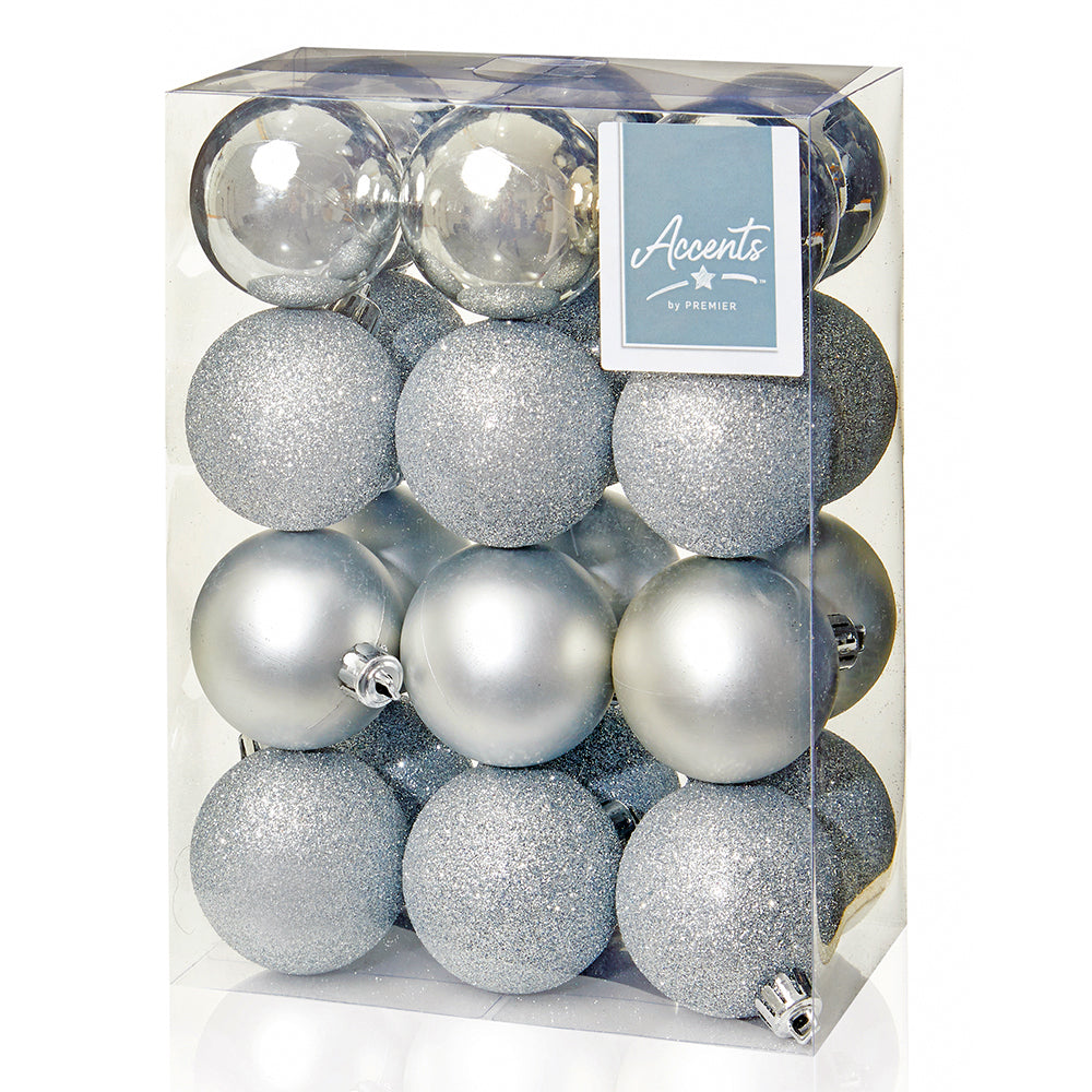 60mm Silver Christmas Baubles | 24 Assorted | Shatterproof Tree Decorations