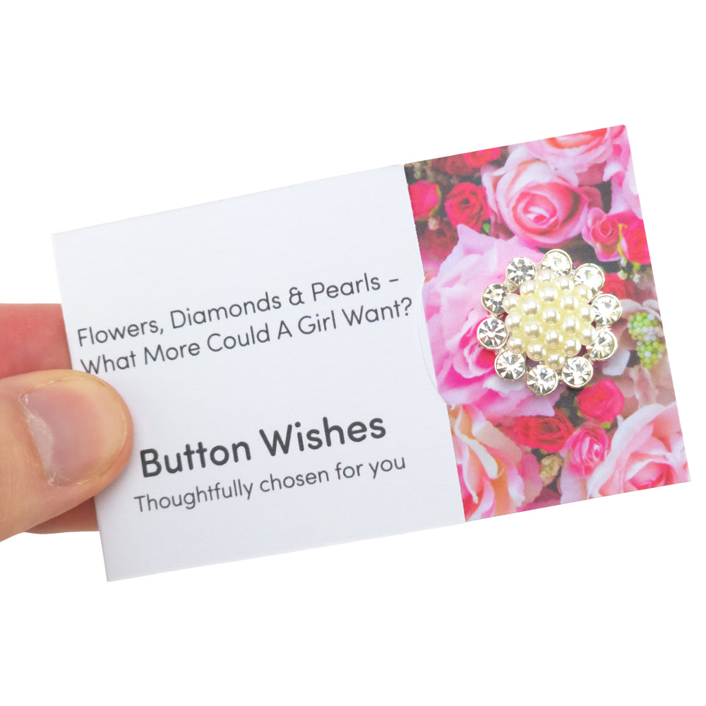 Flowers, Diamonds & Pearls | Diamante | Button Wishes Sew On Token | Little Gift