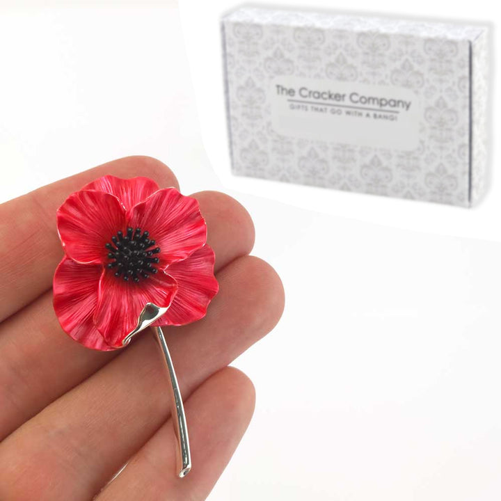 Large 3D Red Poppy Silver Plated Brooch | 3.8cm Wide | Little Gift | Cracker Filler