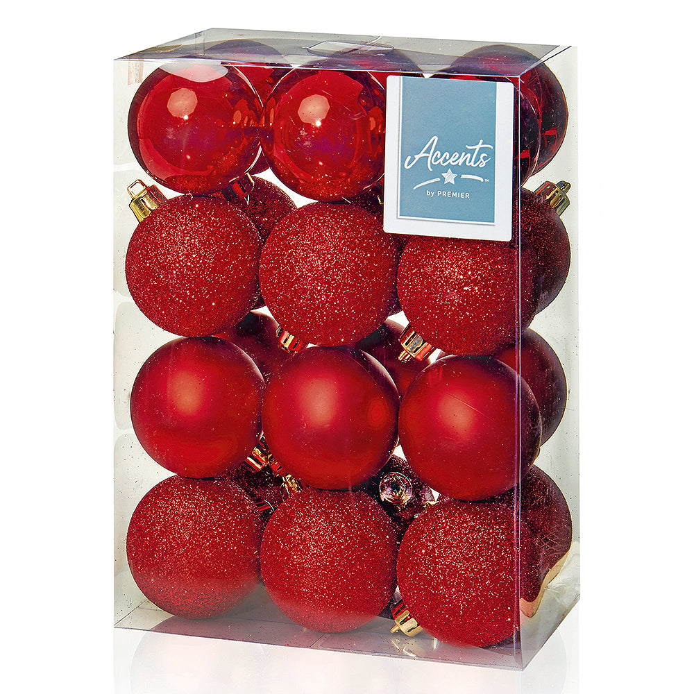 60mm Red Christmas Baubles | 24 Assorted | Shatterproof Tree Decorations