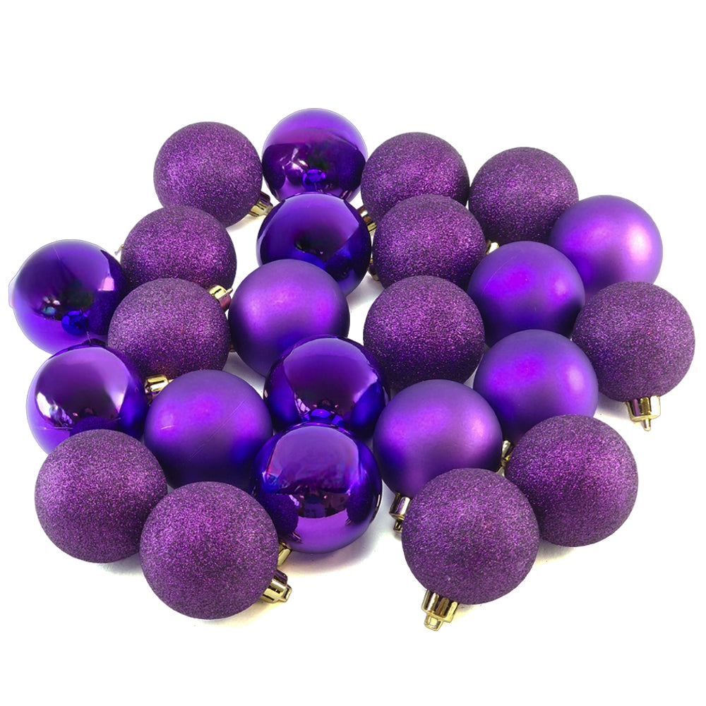 60mm Purple Christmas Baubles | 24 Assorted | Shatterproof Tree Decorations