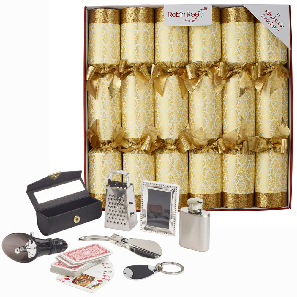 Gold Damask | 6 Large Luxury Christmas Crackers | Plastic Free Metal Gifts
