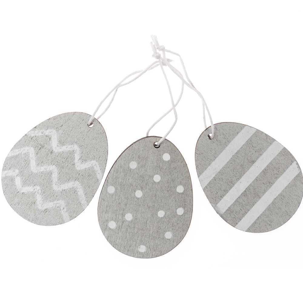 Three 6cm Silver Flat Wooden Hanging Eggs for Easter Trees