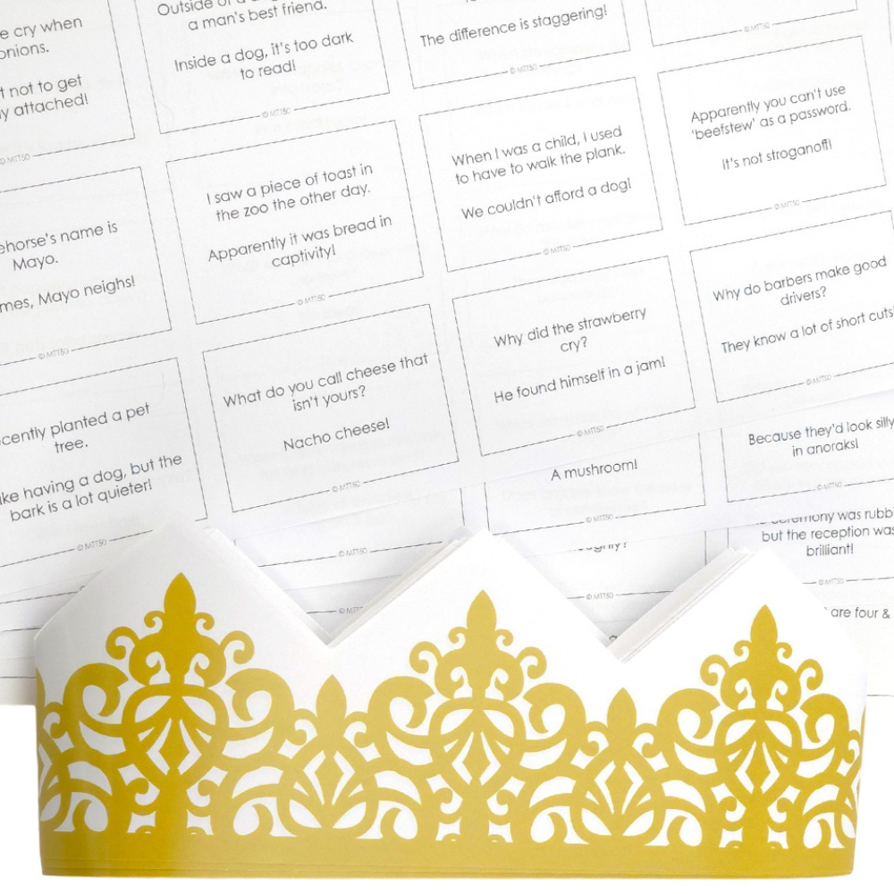 Gold Adjustable Paper Hats, Jokes and Optional Snaps | DIY Cracker Accessory Pack