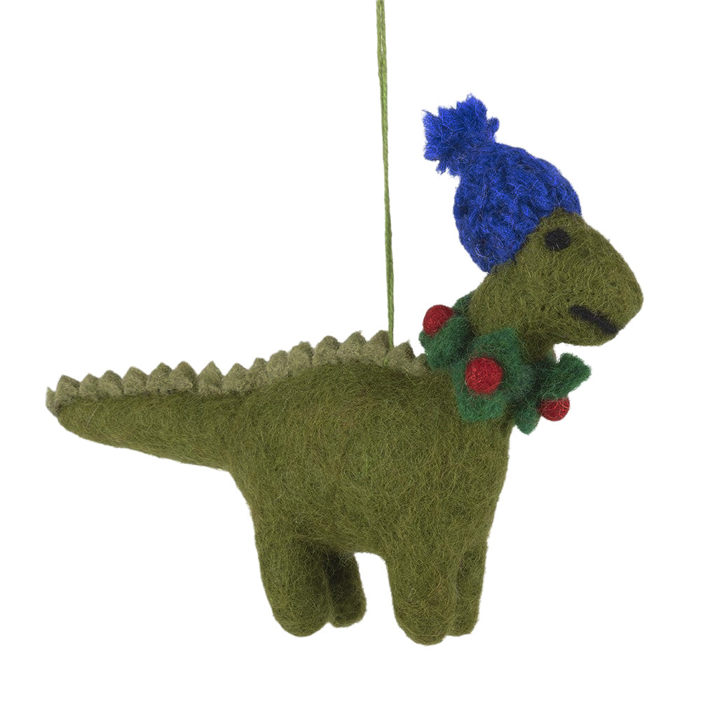Pom Pom Hat Dinosaur Felted Christmas Tree Decoration | Premium Fairtrade Felt Ornament