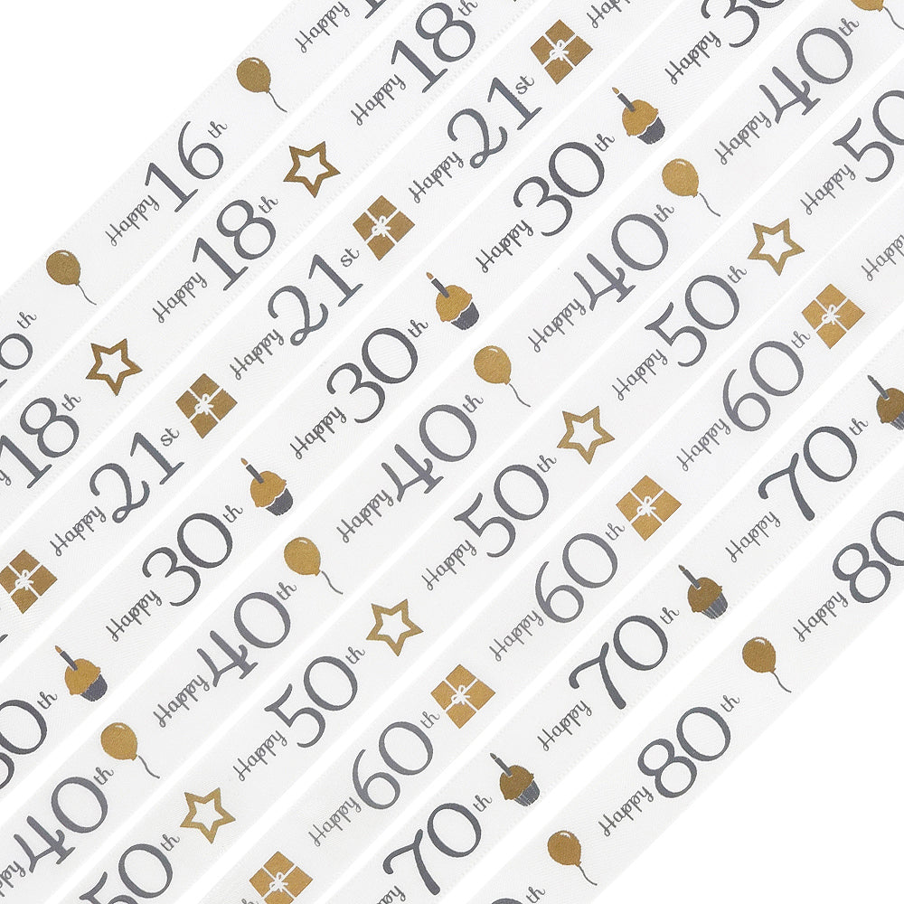Milestone Birthday | White, Silver & Gold Satin Ribbon | 16mm Wide | 4 ...