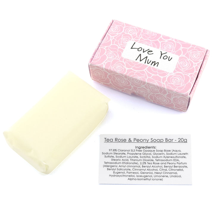 Love You Mum | Tea Rose &amp; Peony | 20g Travel Soap Bar | Little Gift Cracker Filler