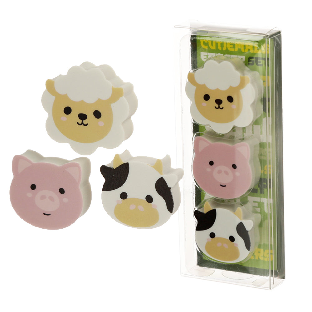 Cow, Pig & Sheep | 3 Piece Farmyard Eraser Set | Little Gift | Cracker Filler