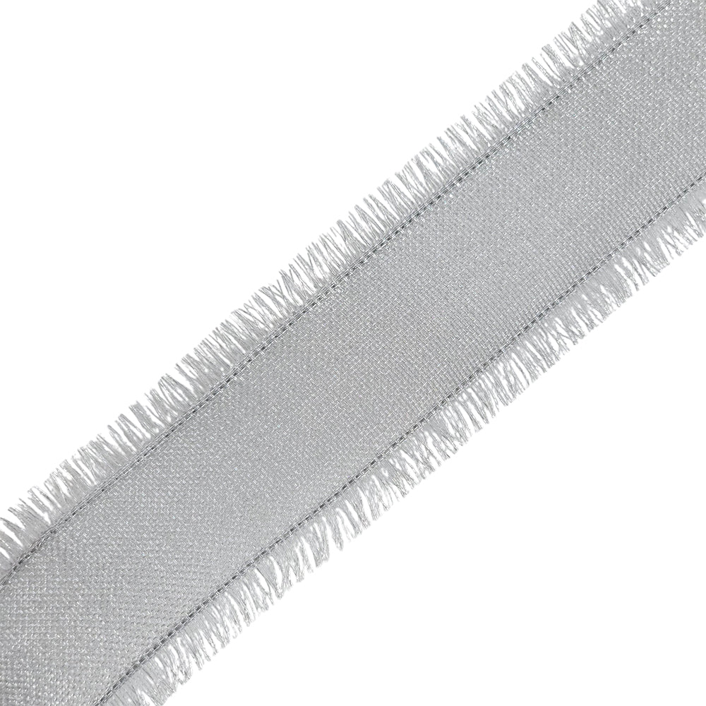 Silver | 38mm Wide | Metallic Frayed Edge Wired  Ribbon | 20m Reel