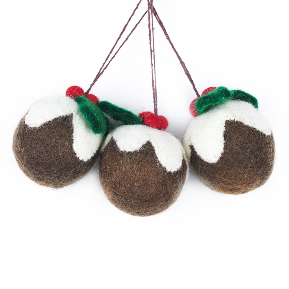 3 6cm Felt Christmas Puddings Baubles - Hanging Decoration - Fairtrade Felt