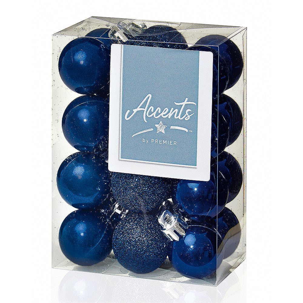 30mm Midnight Blue Christmas Baubles | 24 Assorted | Shatterproof Tree Decorations