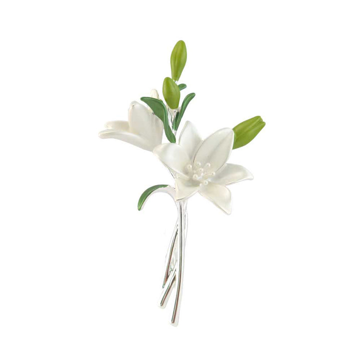 Lily Spray Brooch | Pearlescent White | 6.5cm Long | Little Gift | Cracker Filler