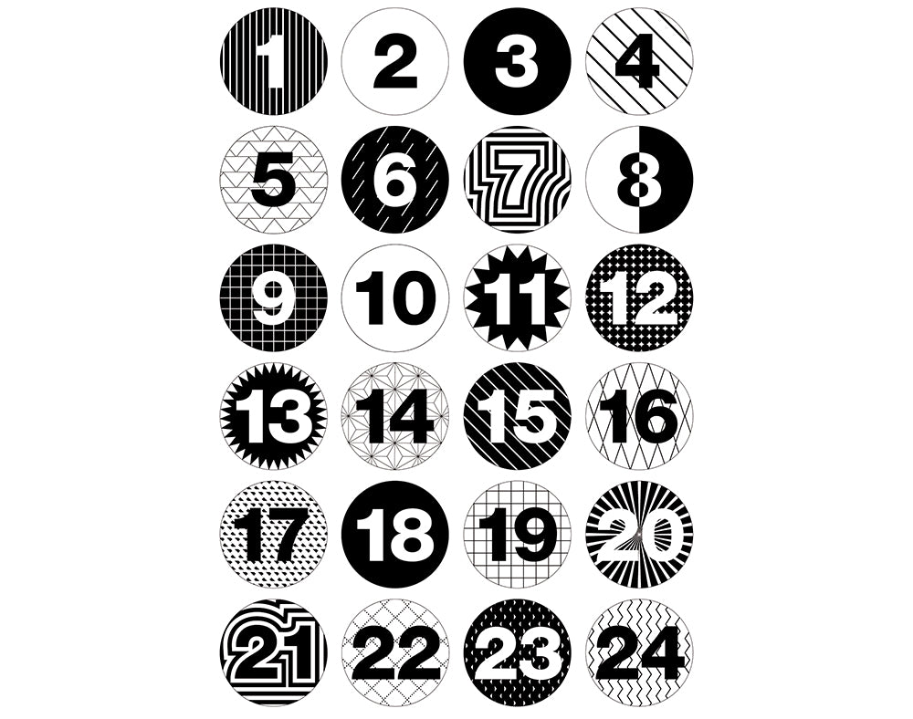 24 Numbered Badges for Christmas Advent Calendar Crafts - Monochrome