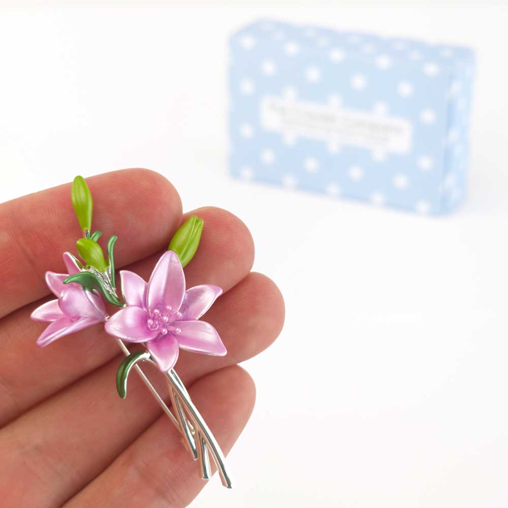 Lily Spray Brooch | Pearlescent Pink | 6.5cm Long | Little Gift | Cracker Filler