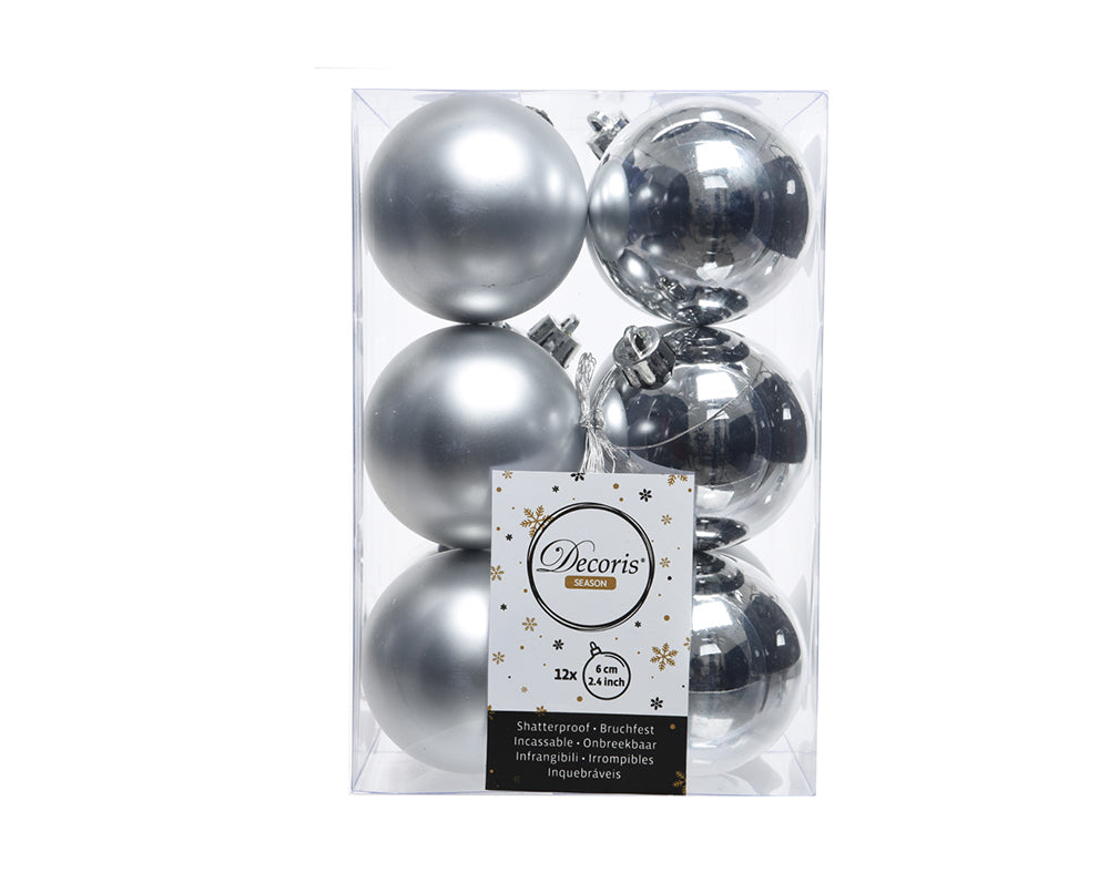 12 Silver 6cm Shatterproof Christmas Tree Baubles