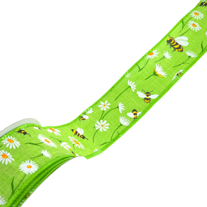 Bees &amp; Daisies | Wired Edge Hessian Style Ribbon | 25/38/63mm Wide | 10m Reel