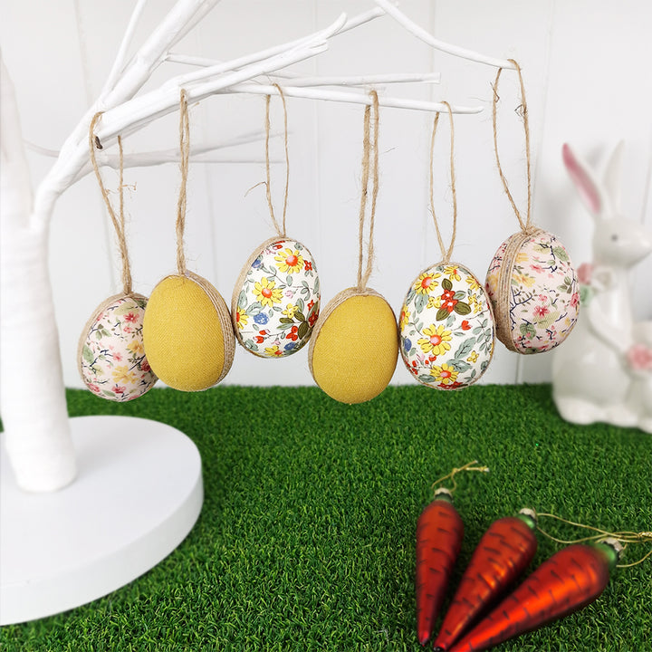 Beautiful Fabric Covered Eggs | 6 Pack | Hanging Easter Tree Decoration | 6cm