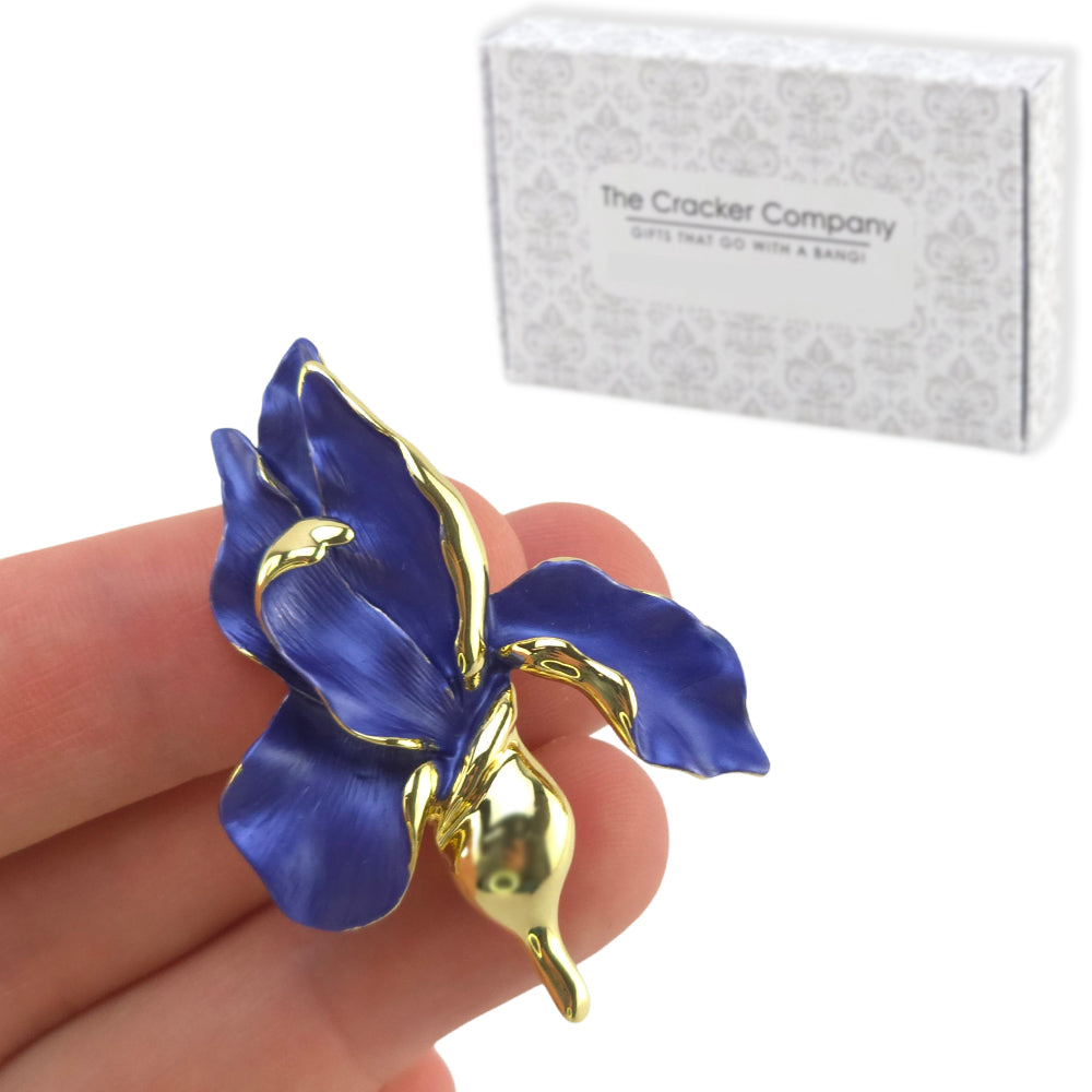 Blue & Gold Iris Brooch | 5cm Tall | Little Gift for Ladies | Cracker Filler