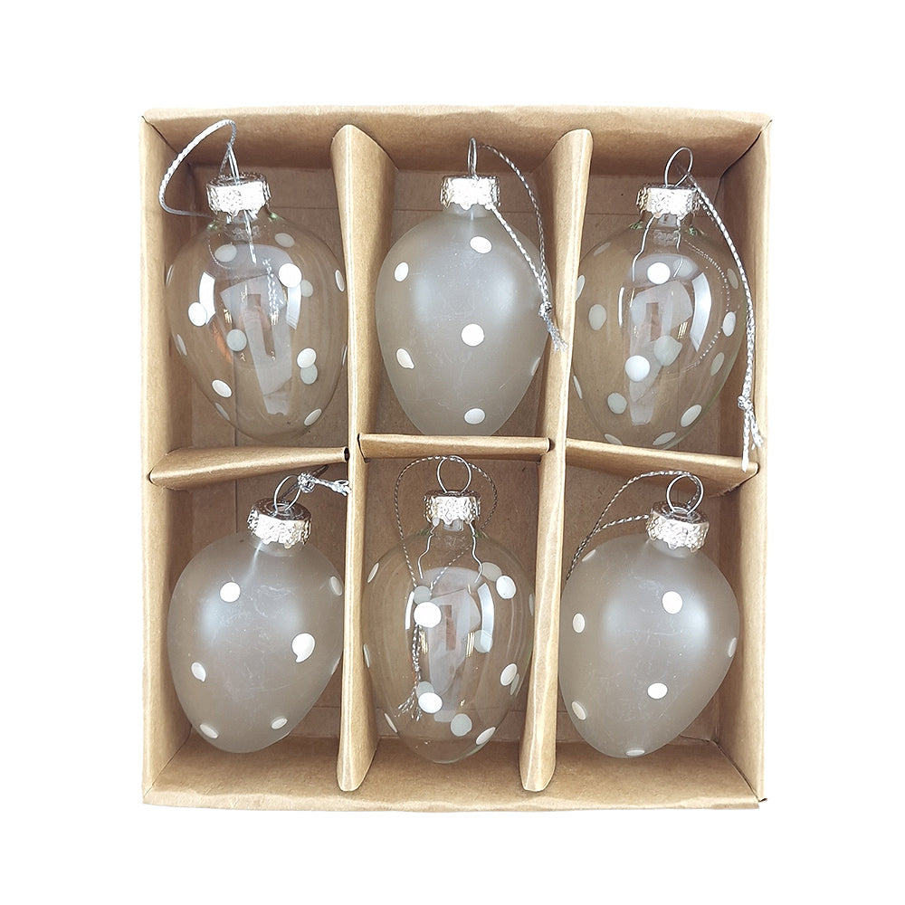 6 Pretty White Spotty Dotty Easter Tree Decorations | 6cm | Glass | Gisela Graham