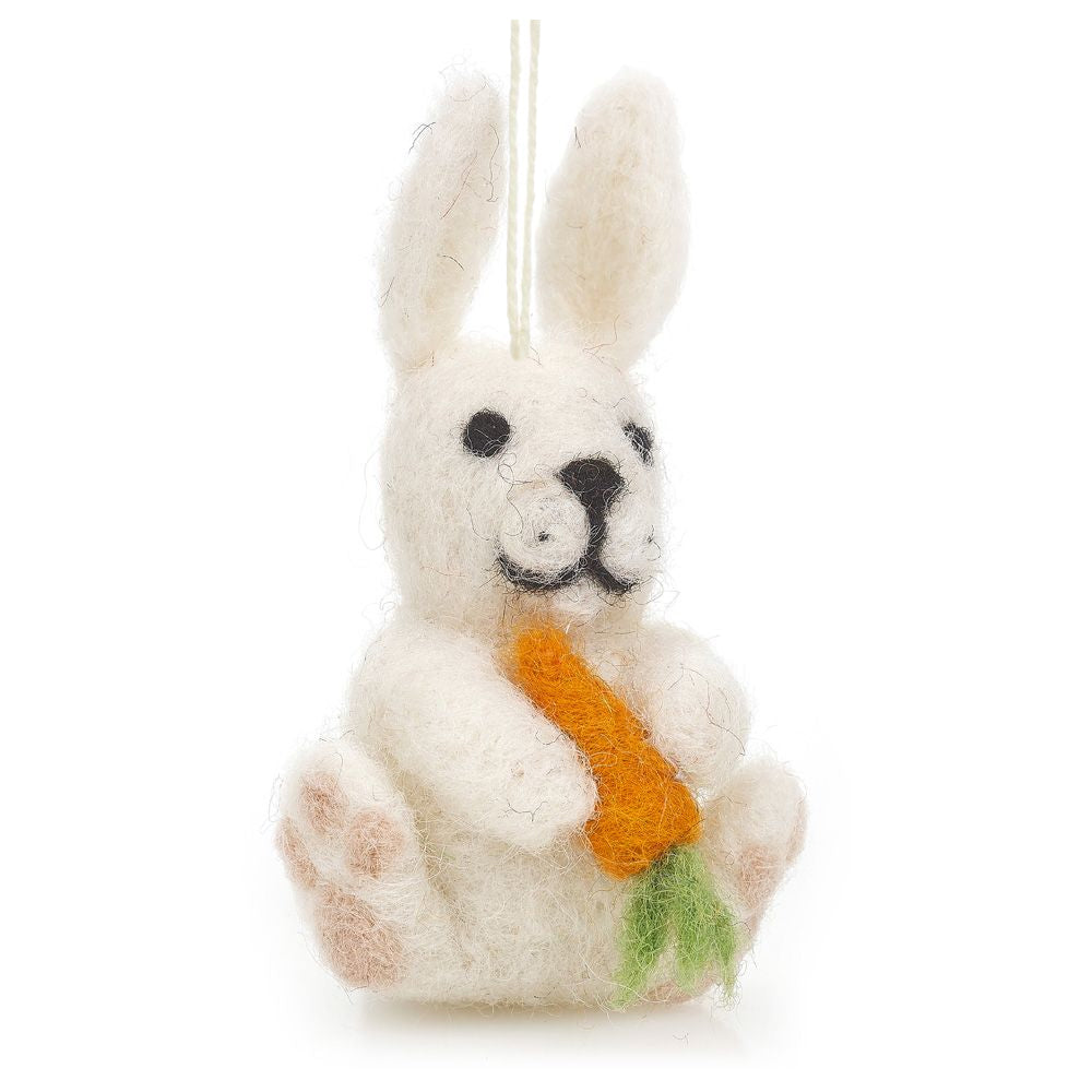 9.5cm Hand Felted Rabbit with Carrot | Hanging Easter Tree Decoration - Fairtrade Felt