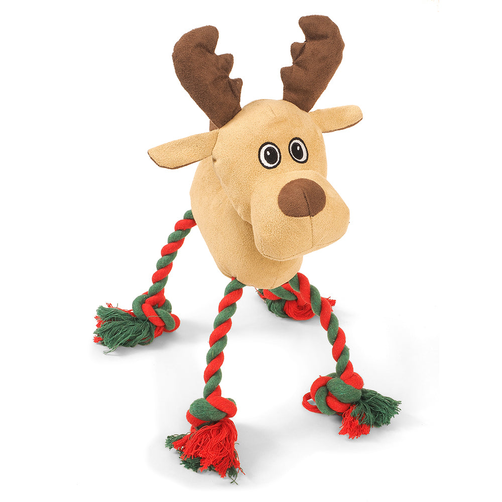 Rudolph Reindeer Squeaky Rope Tugger Plush Christmas Dog Toy - 28cm