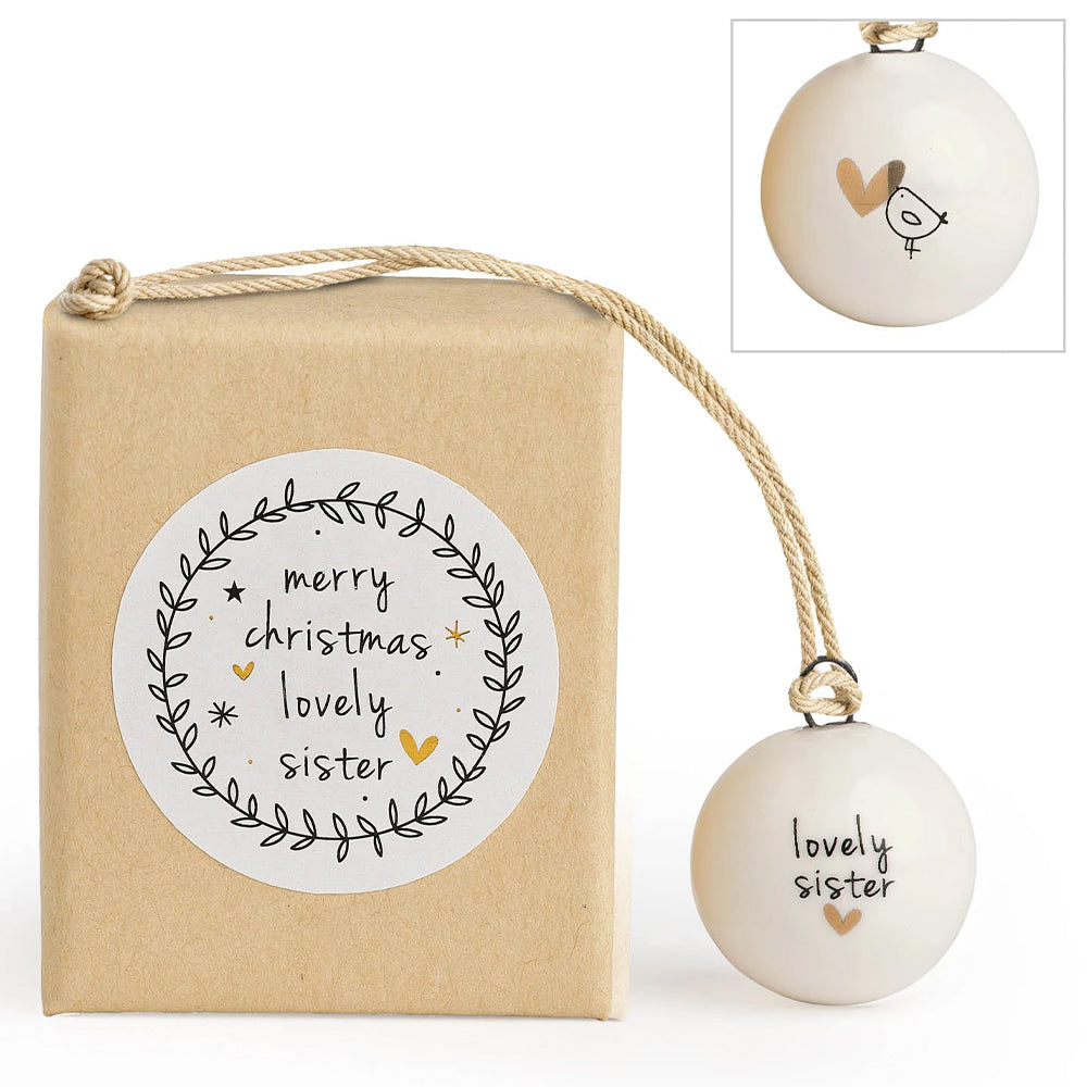 Merry Christmas Lovely Sister | Tiny Boxed Ceramic Bauble | Cracker Filler