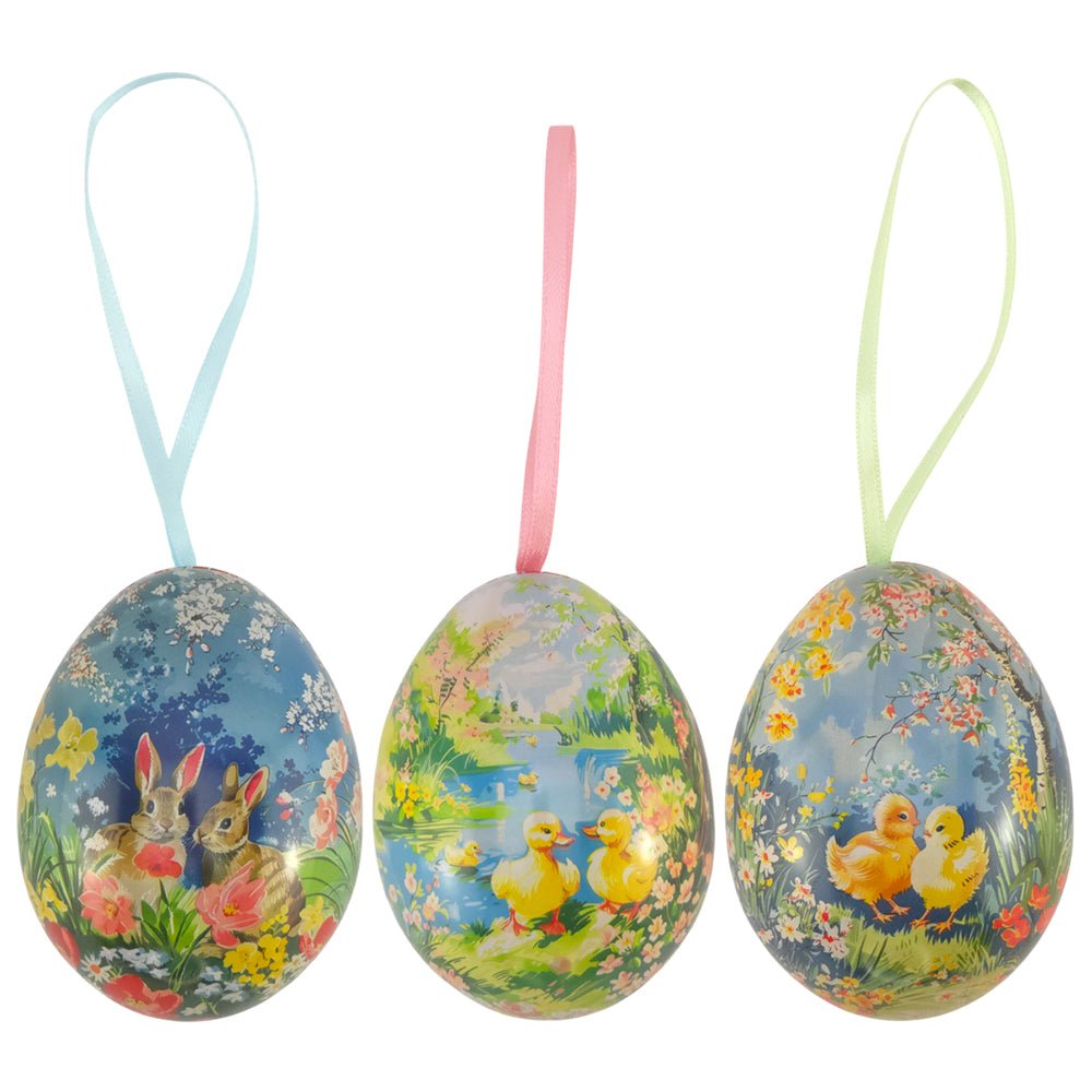 Vintage Style Two Part Hanging Tin Eggs | Fillable Easter Tree Decorations | 7cm