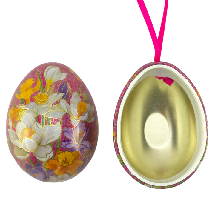 Cloisonne Spring Flowers | Two Part Hanging Easter Egg | Fillable Tin | 7cm Tall