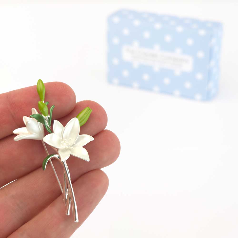 Lily Spray Brooch | Pearlescent White | 6.5cm Long | Little Gift | Cracker Filler