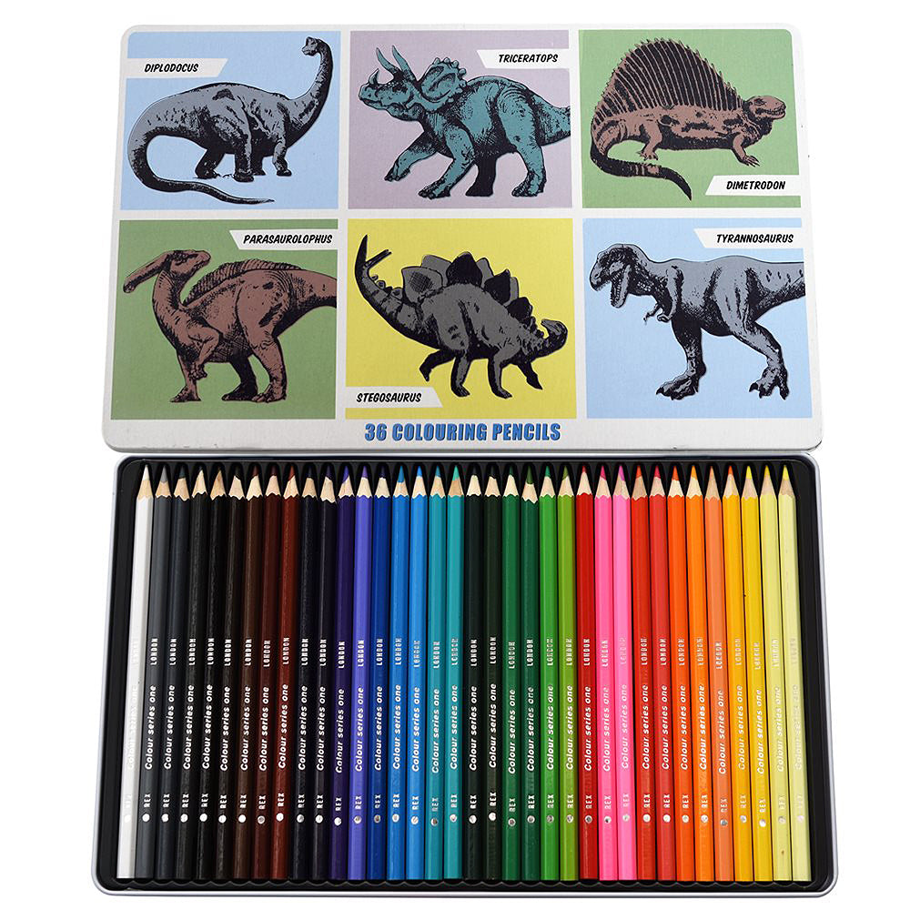 Retro Dinosaurs | 36 Full Length Colouring Pencils in Tin | Gift for Girls