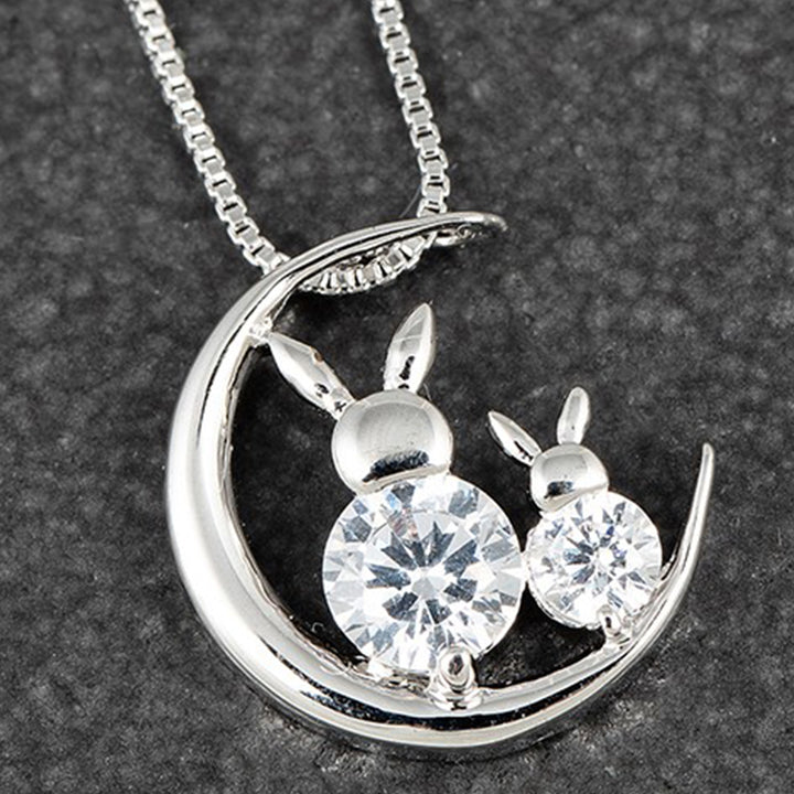 Two Rabbits and Moon White Gold Plated Cubic Zirconia Necklace in Gift Box