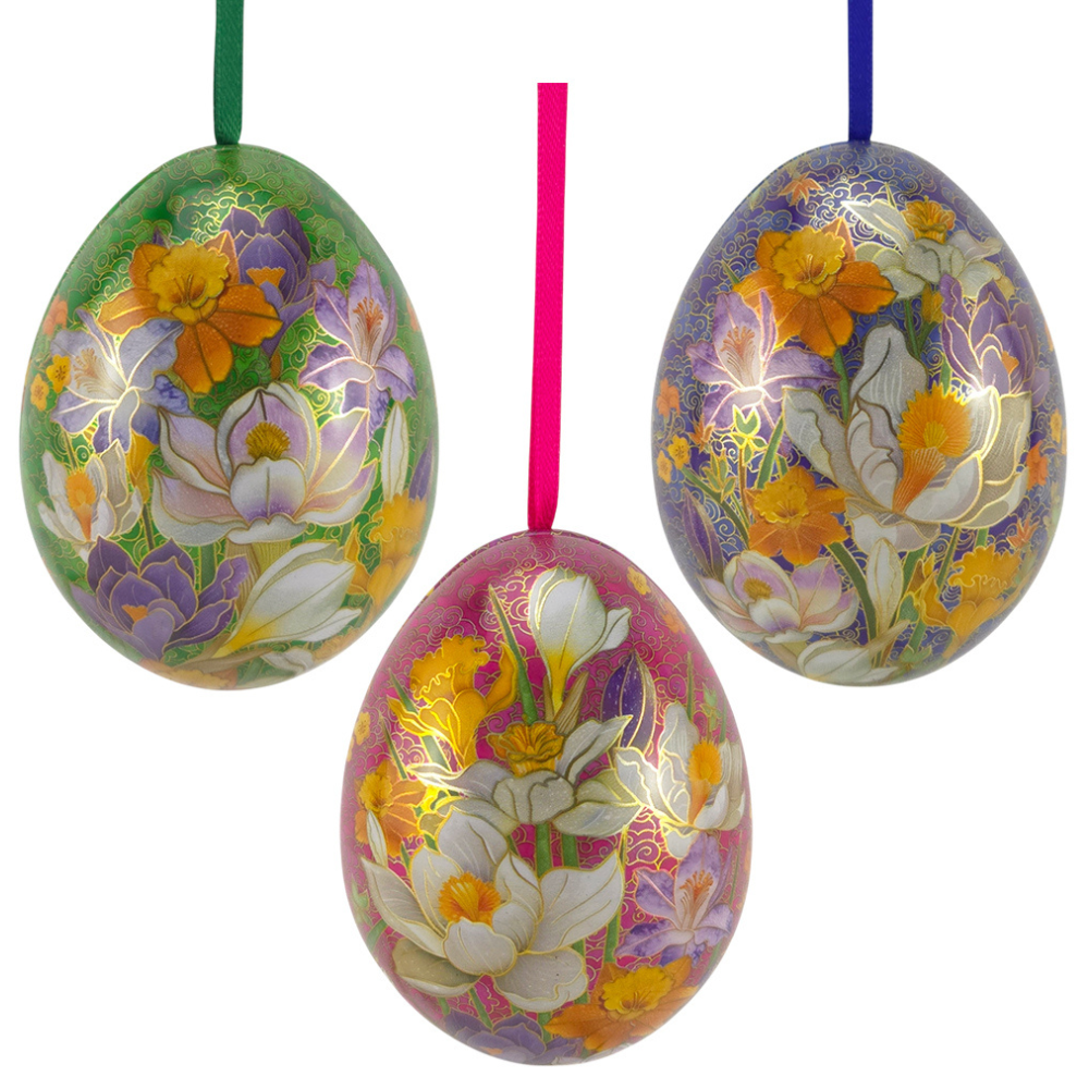 Cloisonne Spring Flowers | Two Part Hanging Easter Egg | Fillable Tin | 7cm Tall