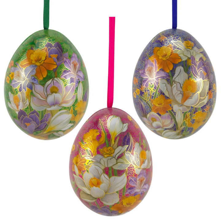 Cloisonne Spring Flowers | Two Part Hanging Easter Egg | Fillable Tin | 7cm Tall