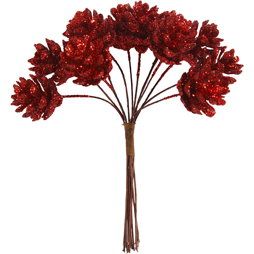 12 Mini Red Glitter Artificial Pine Cone Wired Faux Christmas Floristry Picks