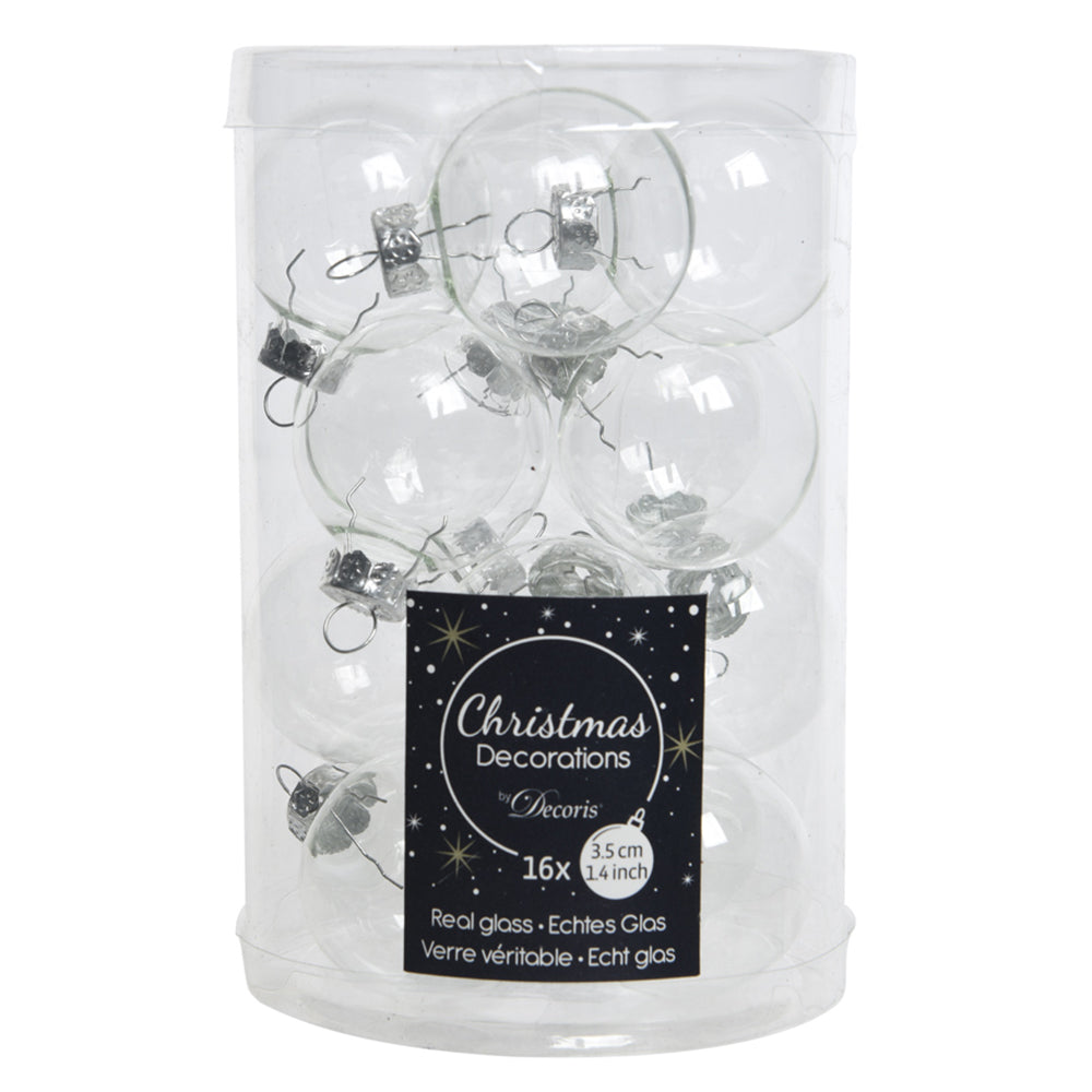 16 3.5cm Clear Fillable Glass Christmas Tree Bauble Decorations