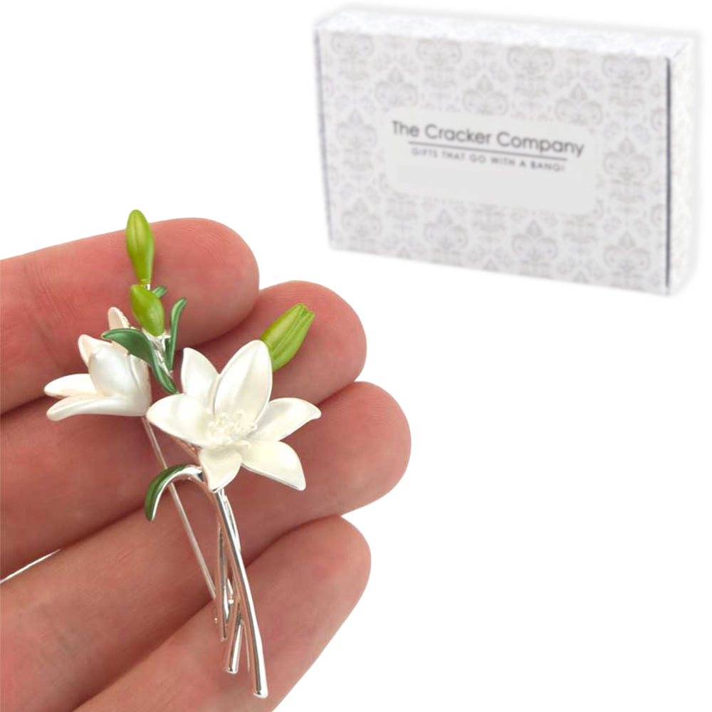 Lily Spray Brooch | Pearlescent White | 6.5cm Long | Little Gift | Cracker Filler