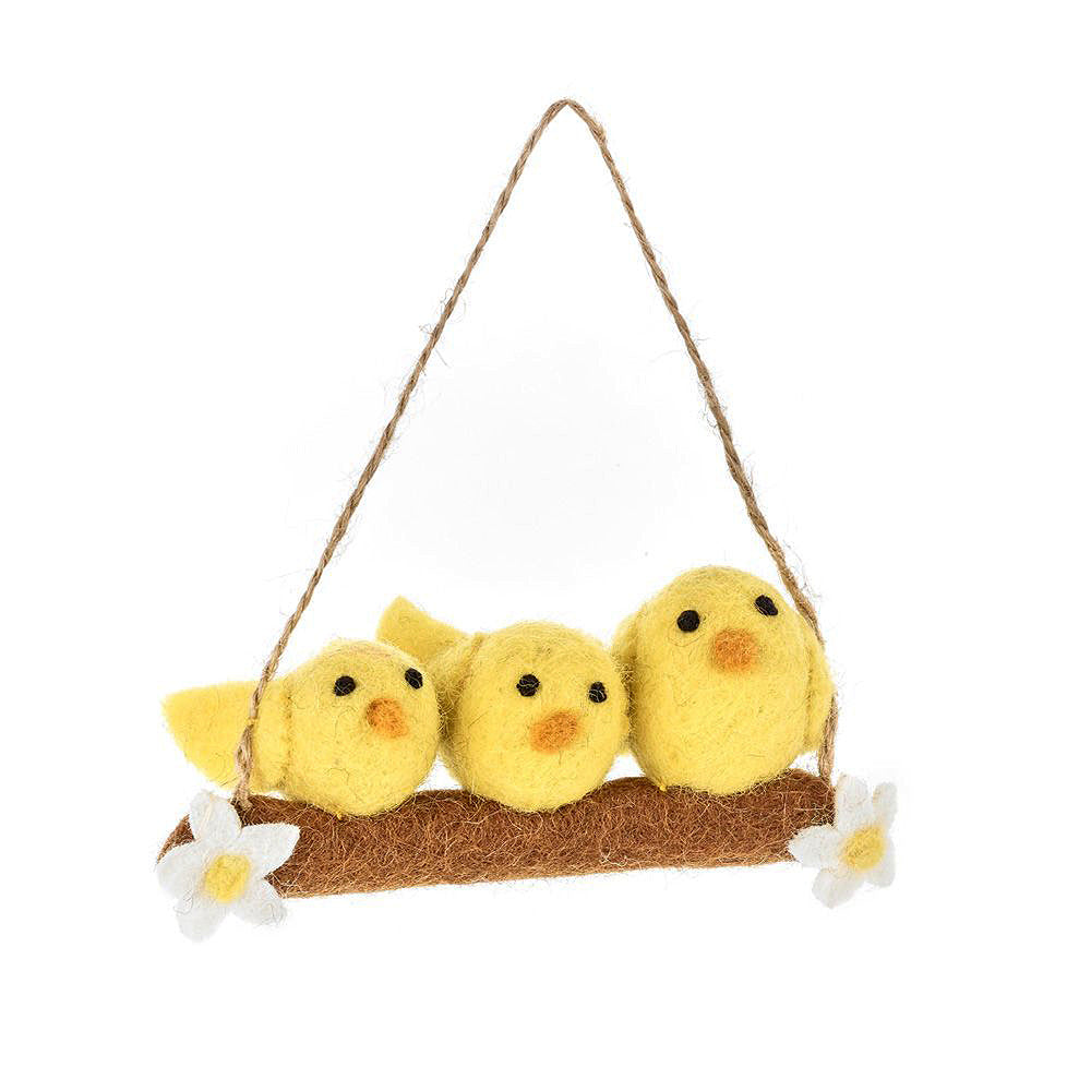 Trio of Easter Chicks on a Branch | Hand Felted Hanging Easter Tree Decoration - Fairtrade Felt