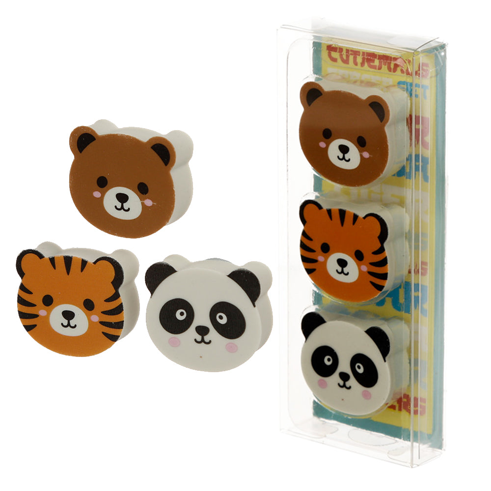Tiger, Bear & Panda | 3 Piece Eraser Set | Little Gift | Cracker Filler