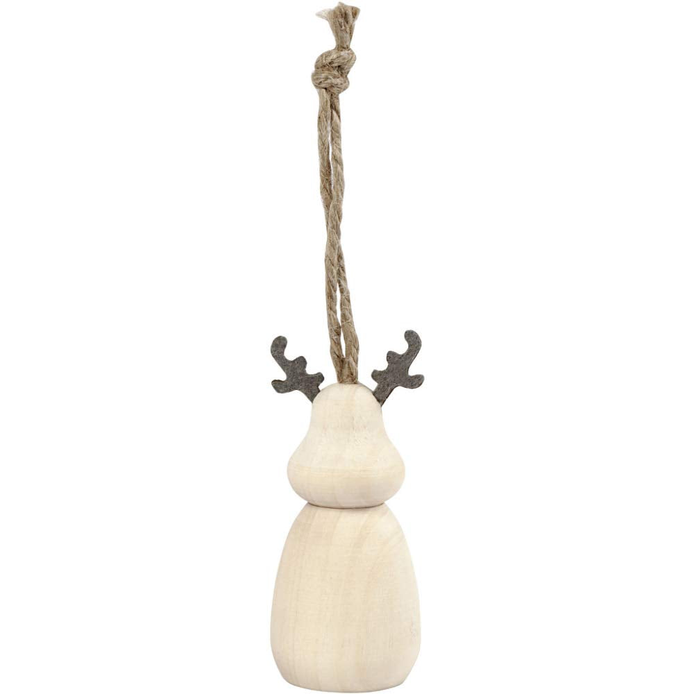 7cm Wooden Reindeer Shape with Faux Leather Antlers | Natural Wooden Christmas Tree Bauble to Decorate