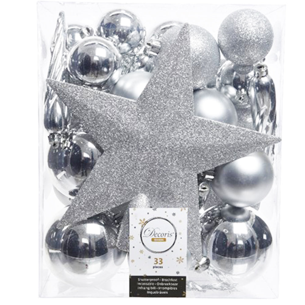 Shatterproof Silver Christmas Baubles | 33 Pieces | Assorted Sizes