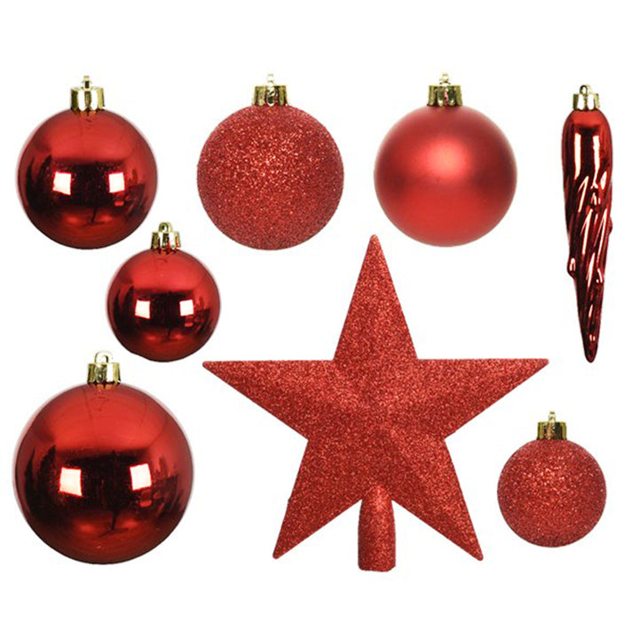33 Piece Shatterproof Christmas Baubles Selection | Red Shiny & Glitter