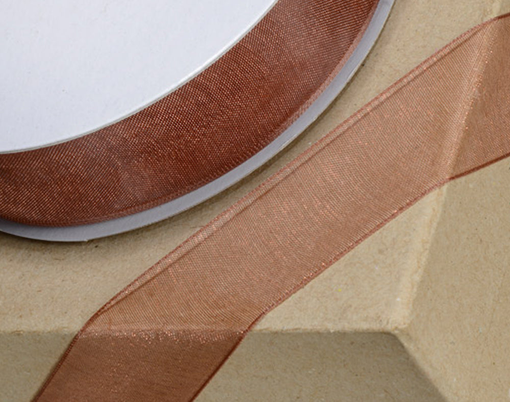 25m Copper 10mm Wide Woven Edge Organza Ribbon for Crafts