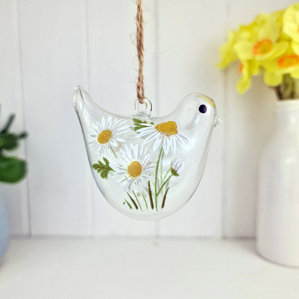Single 6cm Glass Spring Daisies Bird Hanging Decoration for Easter Trees
