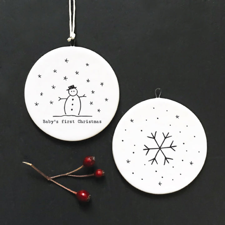 5.5cm Porcelain Hanging Decoration |Baby's First Christmas | Snowman Design