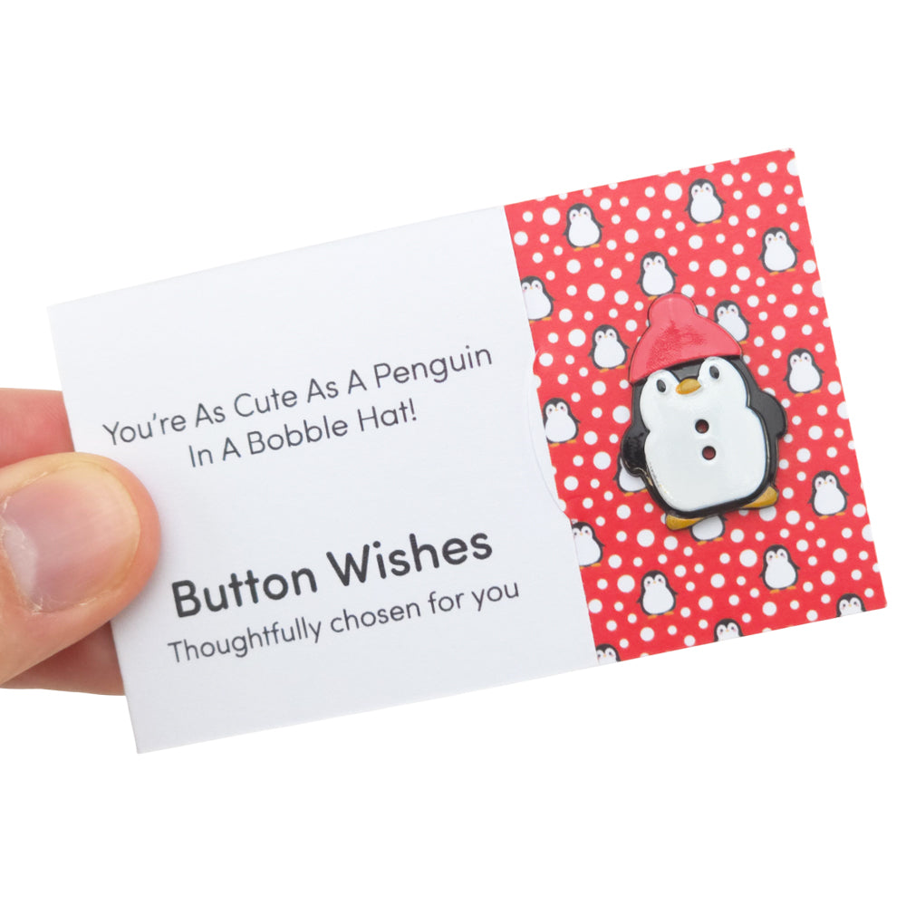 Cute as a Penguin in a Bobble Hat | Button Wishes Sew On Token | Cracker Filler