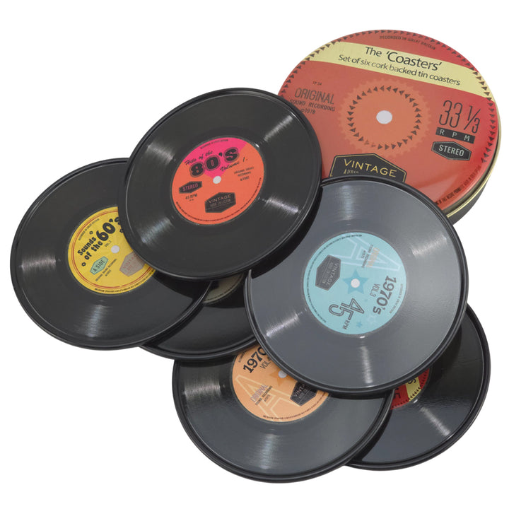 Set of 6 Vintage Record Coasters in Storage Tin | Retro Gift Idea