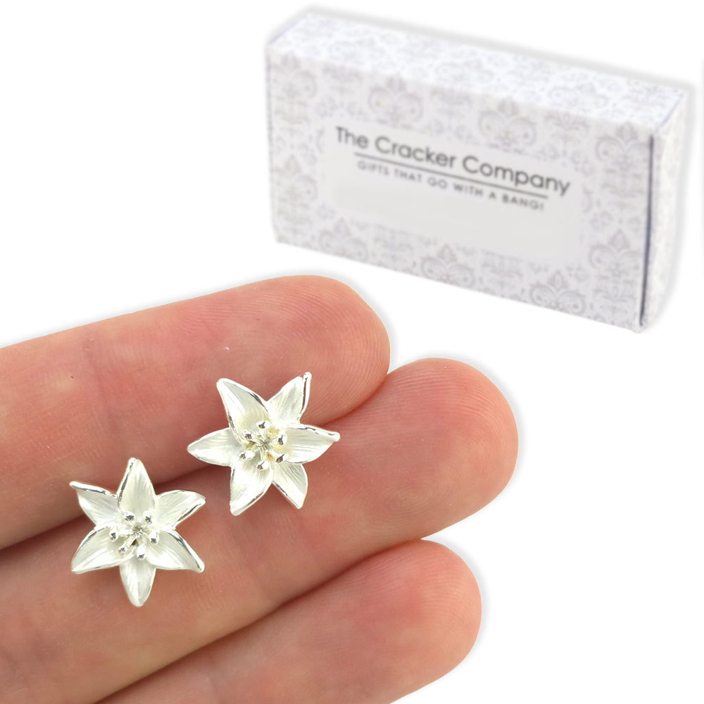 White Lily | Silver Tone Stud Earrings | Little Gift | Cracker Filler