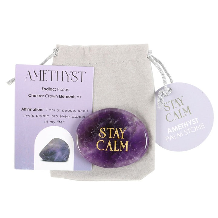 Stay Calm | Amethyst Crystal Palm Stone | Card & Bag | Cracker Filler | Little Gift
